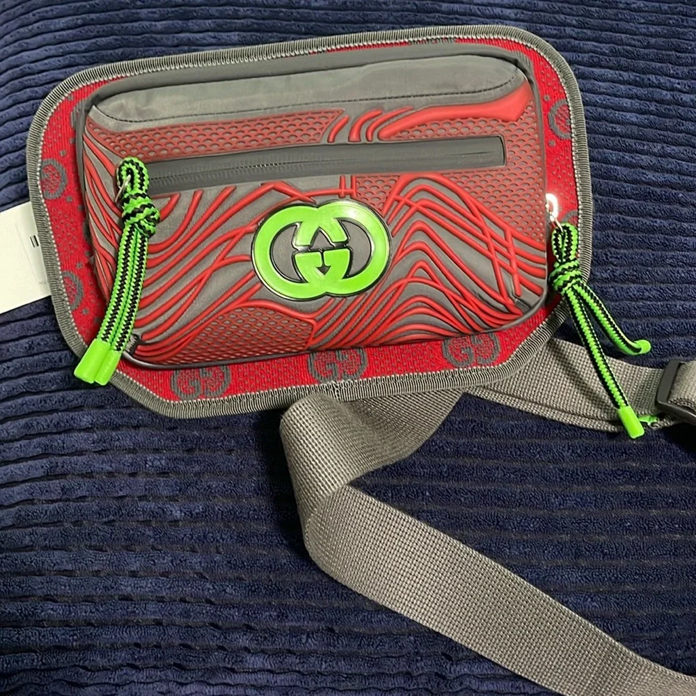 Gucci Red and Gray Belt Bag with Green Accents